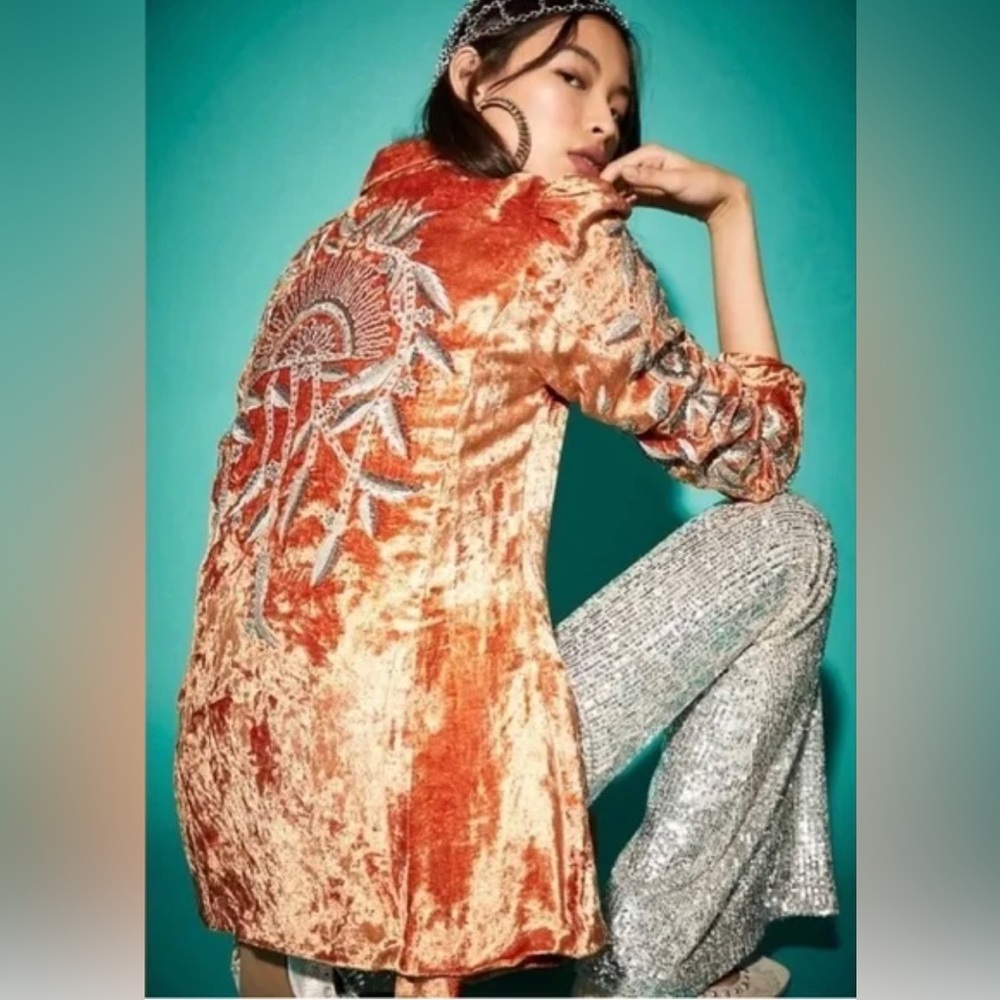 Free People Jillian Orange Crushed Velvet Beaded Embellished Blazer Small NWOT